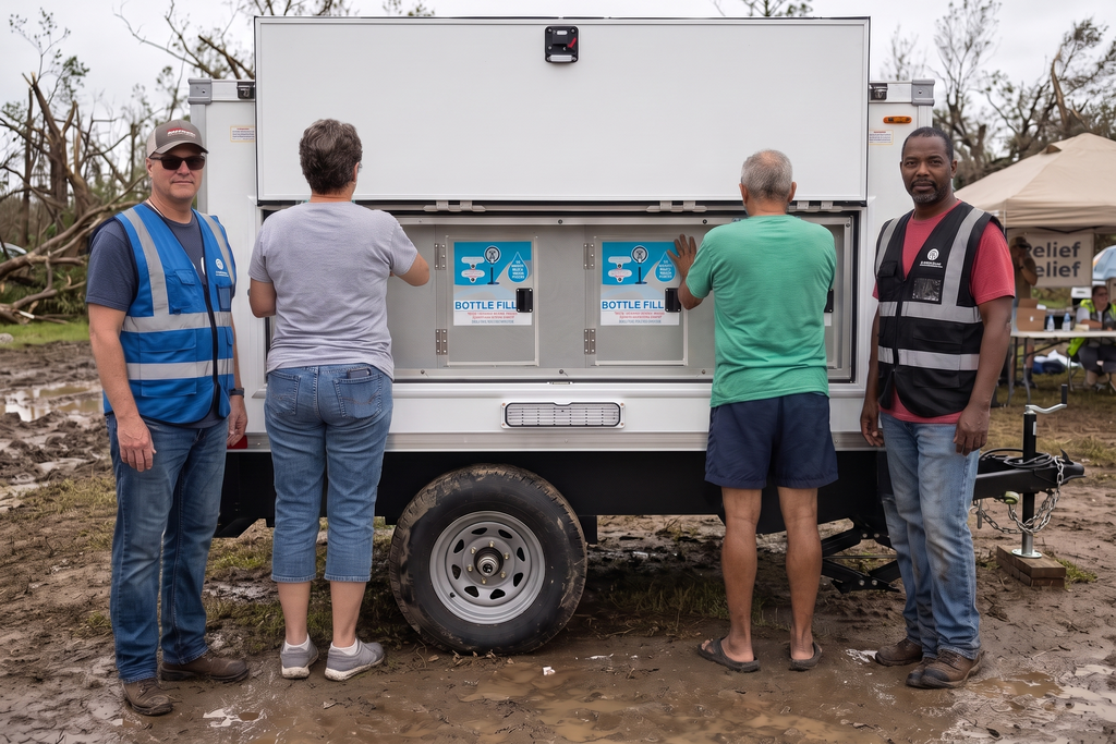 Relief volunteers and residents at a mobile drinking water station after a storm, with a relief tent behind