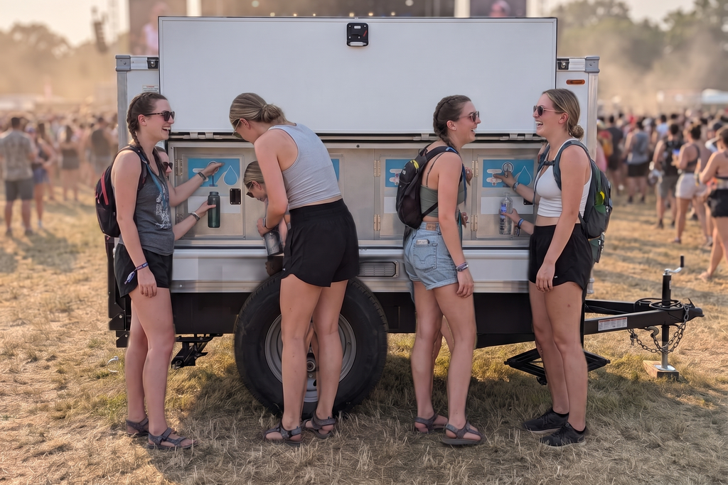 Festival guests filling personal bottles at the taps of a mobile water station trailer on a grass field