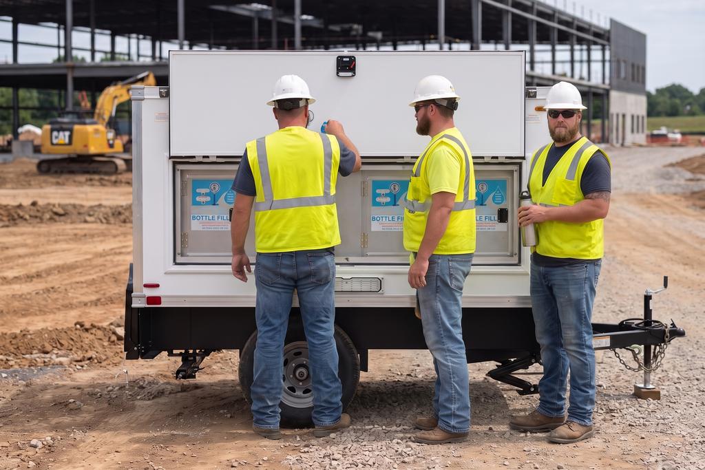 Construction workers in high visibility vests filling bottles at a water station trailer parked on a job site