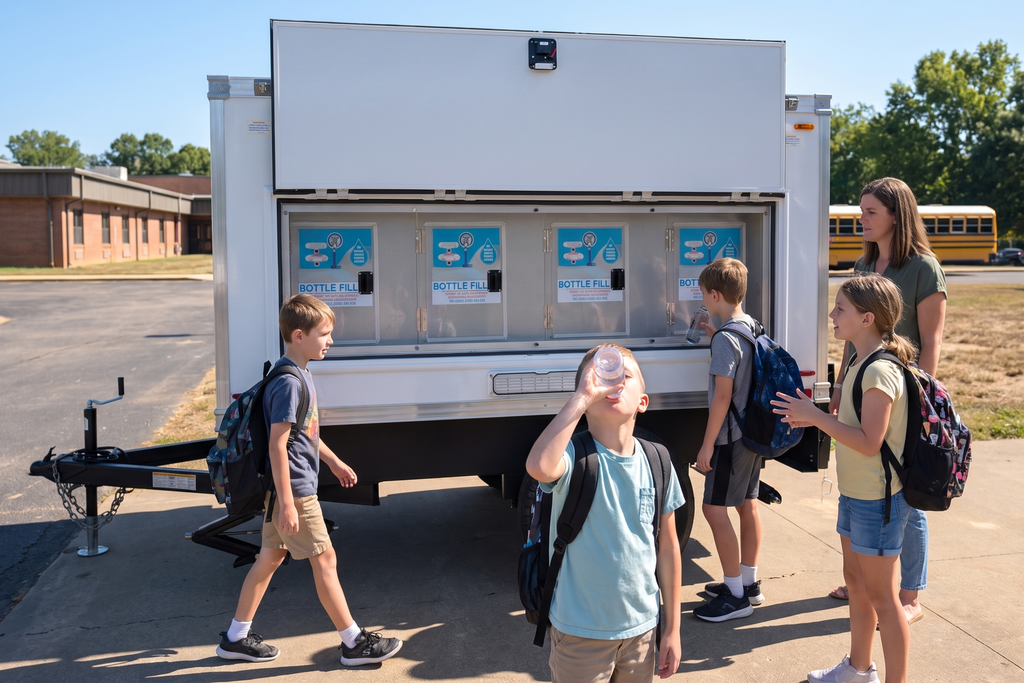 Students refilling water bottles at a school water station trailer parked on a campus lot
