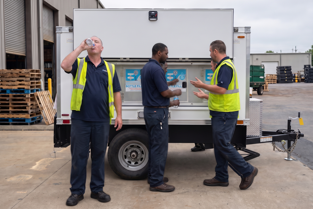 Workers on a commercial property filling bottles at a towable water station parked by a loading dock