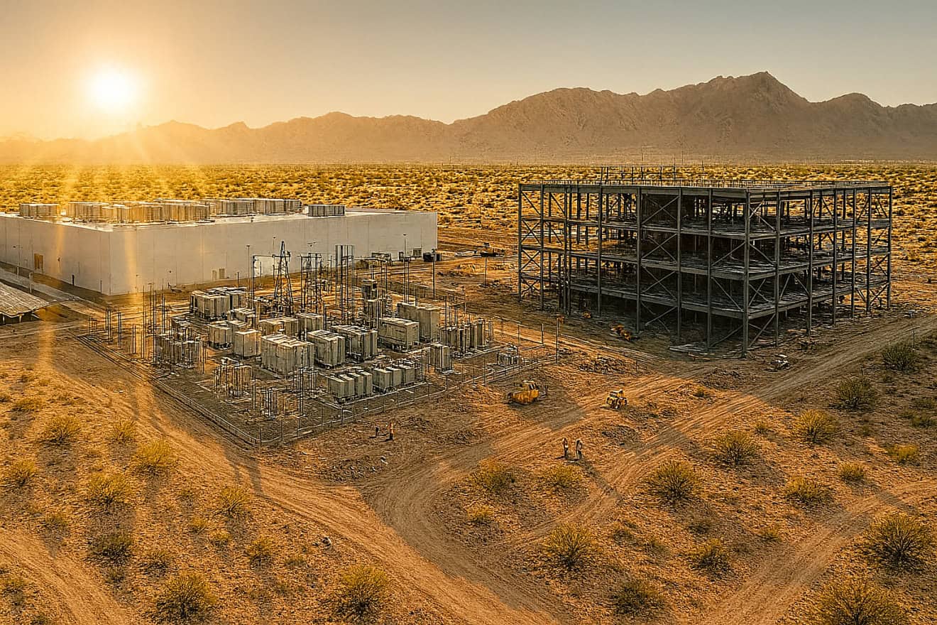 Desert construction site near Albuquerque with crews building a large facility served by a mobile water station