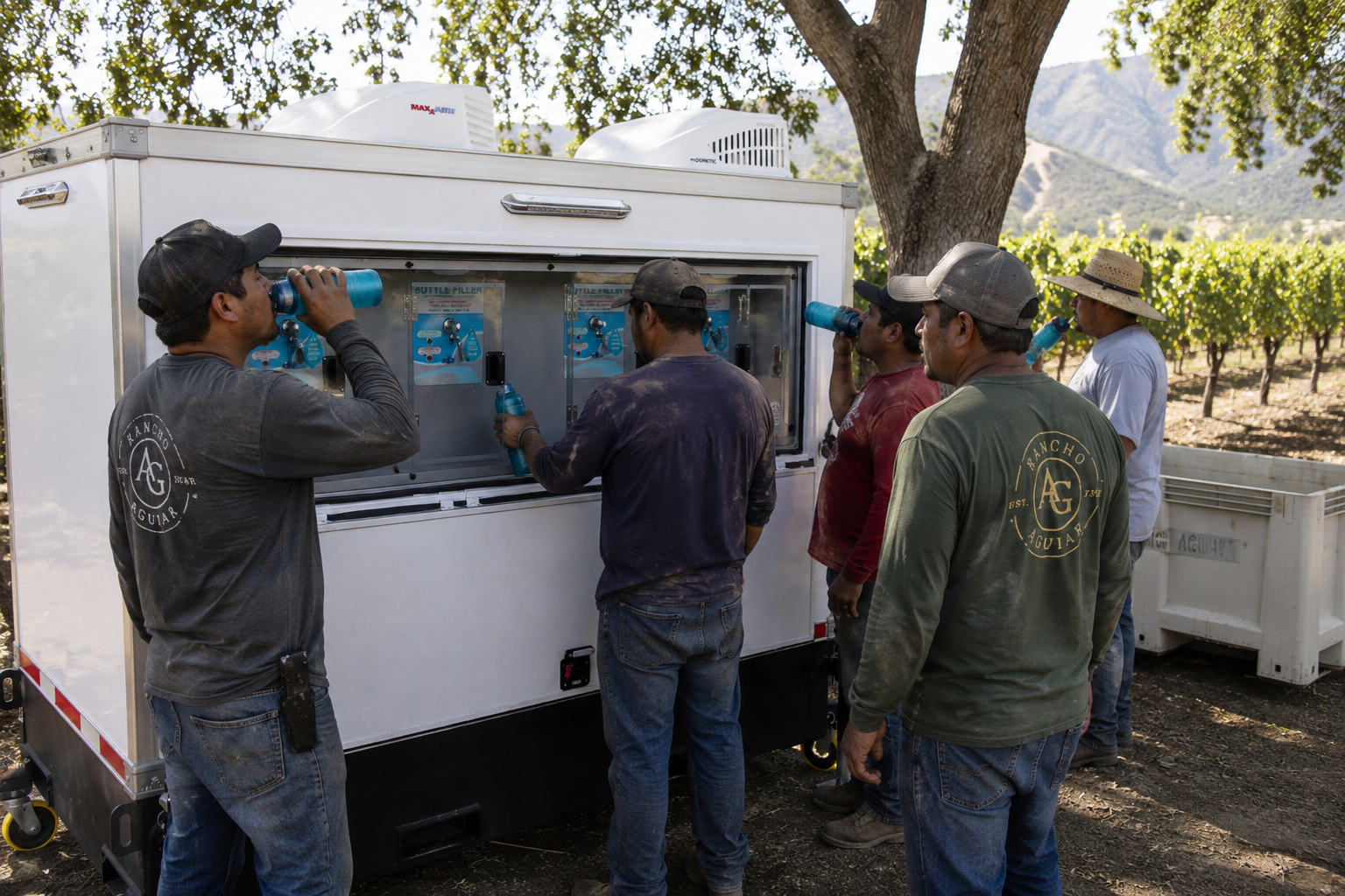 West Valley agricultural crew refilling reusable bottles at an On-Site Hydration water station in an Arizona vineyard