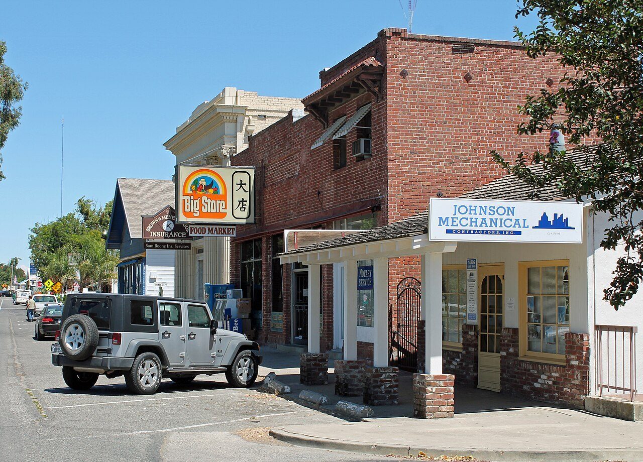 Historic brick storefronts along the Old Town Elk Grove district in Sacramento County