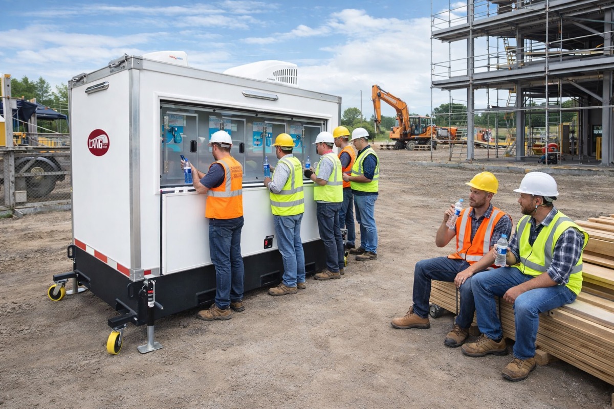 Escondido construction crew in hard hats and high-visibility vests refilling at a mobile bottled-water station on an inland job site