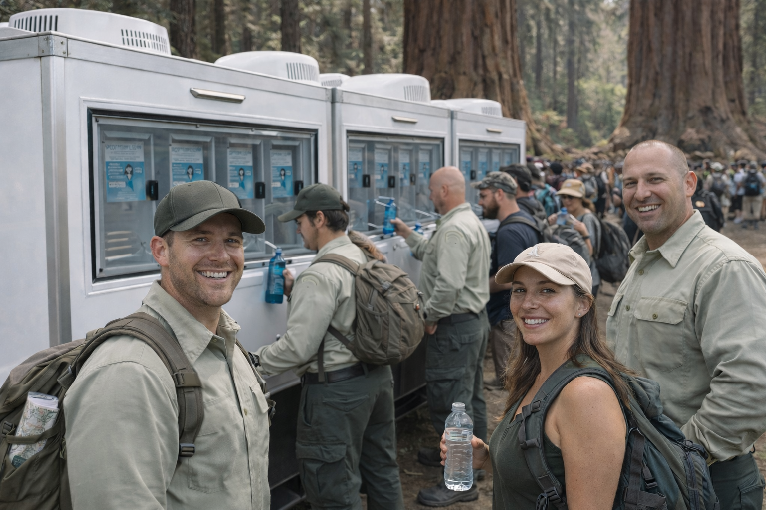 Outdoor crew refilling at a mobile water station, the setup we run for Garden Grove builds, warehouse work and public-works jobs along the 22 corridor