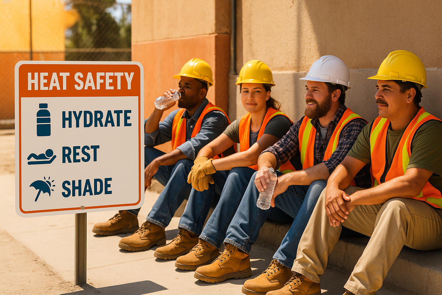 Outdoor crew taking a rest break beside a heat-safety sign reading hydrate, rest and shade on a Glendale job site