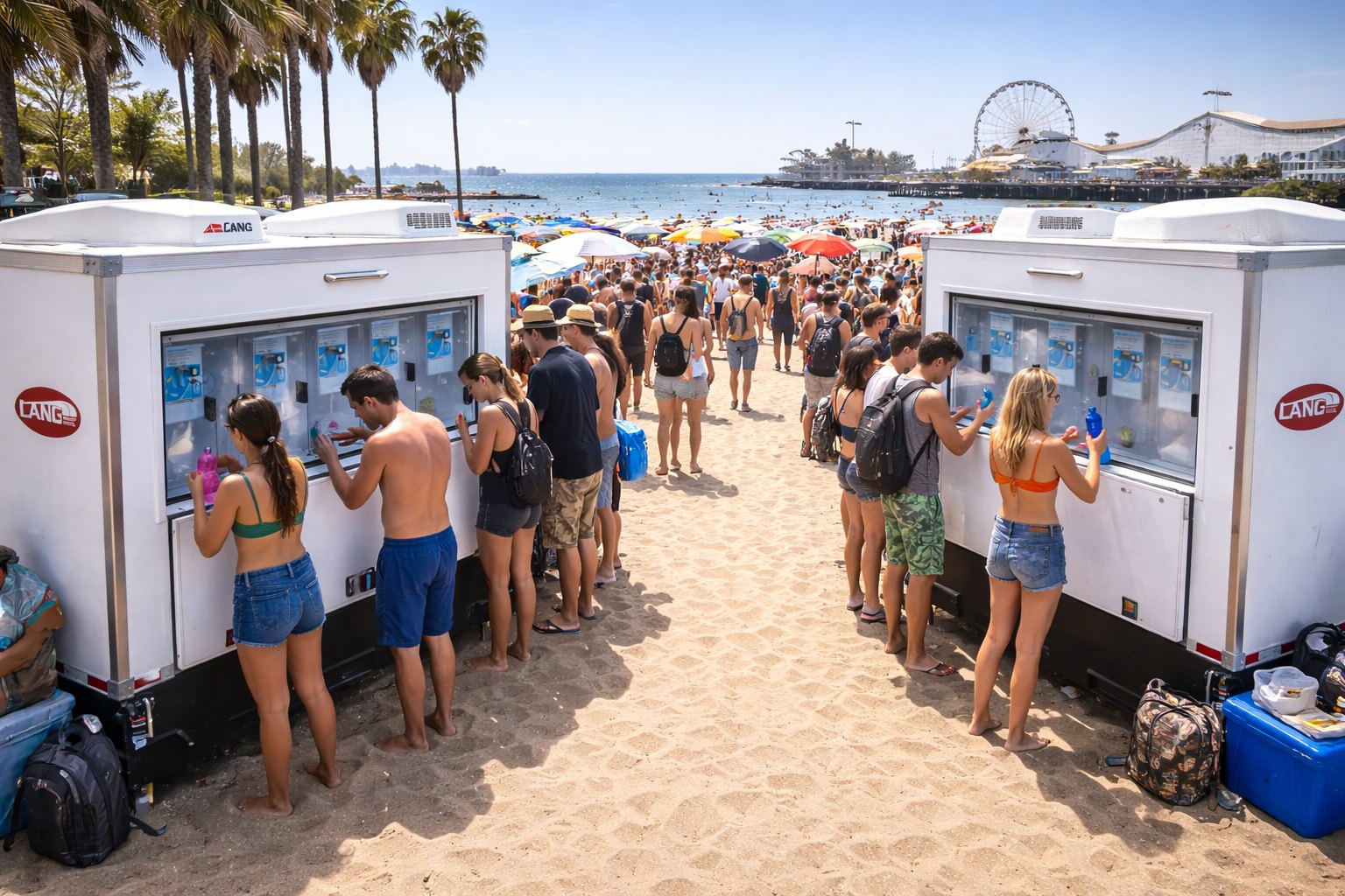 Beachfront crowd filling reusable bottles at Signature water stations near the Huntington Beach pier