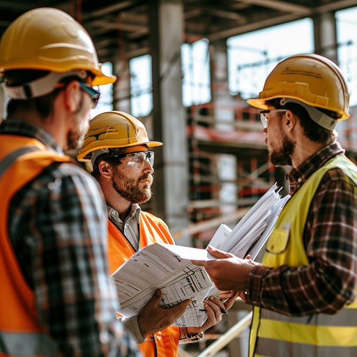 Inland Empire construction crew in hard hats and high-visibility vests reviewing plans on a jobsite with cold water on site