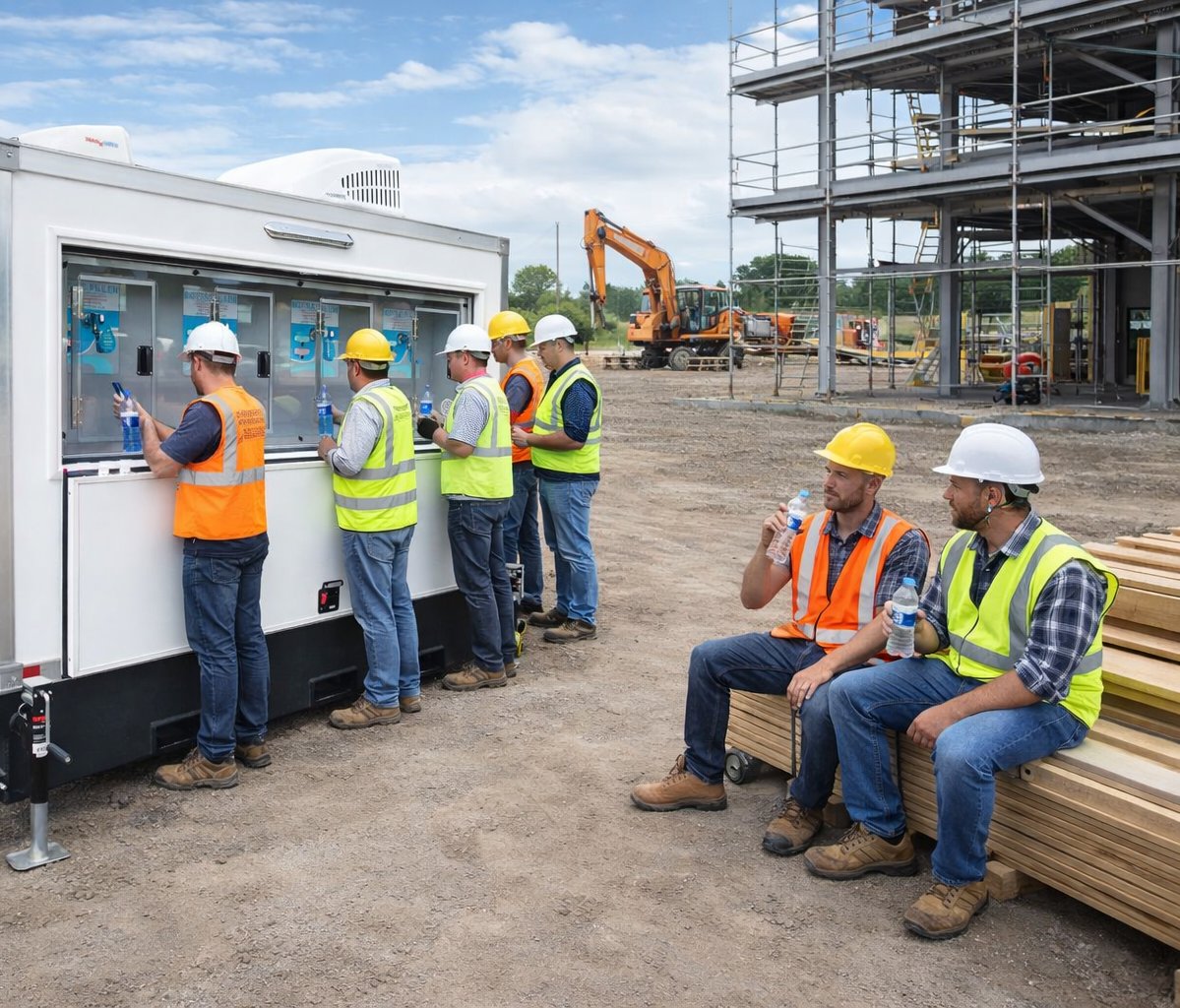 Oceanside construction crew in hard hats and high-visibility vests refilling at a mobile drinking water station on a job site