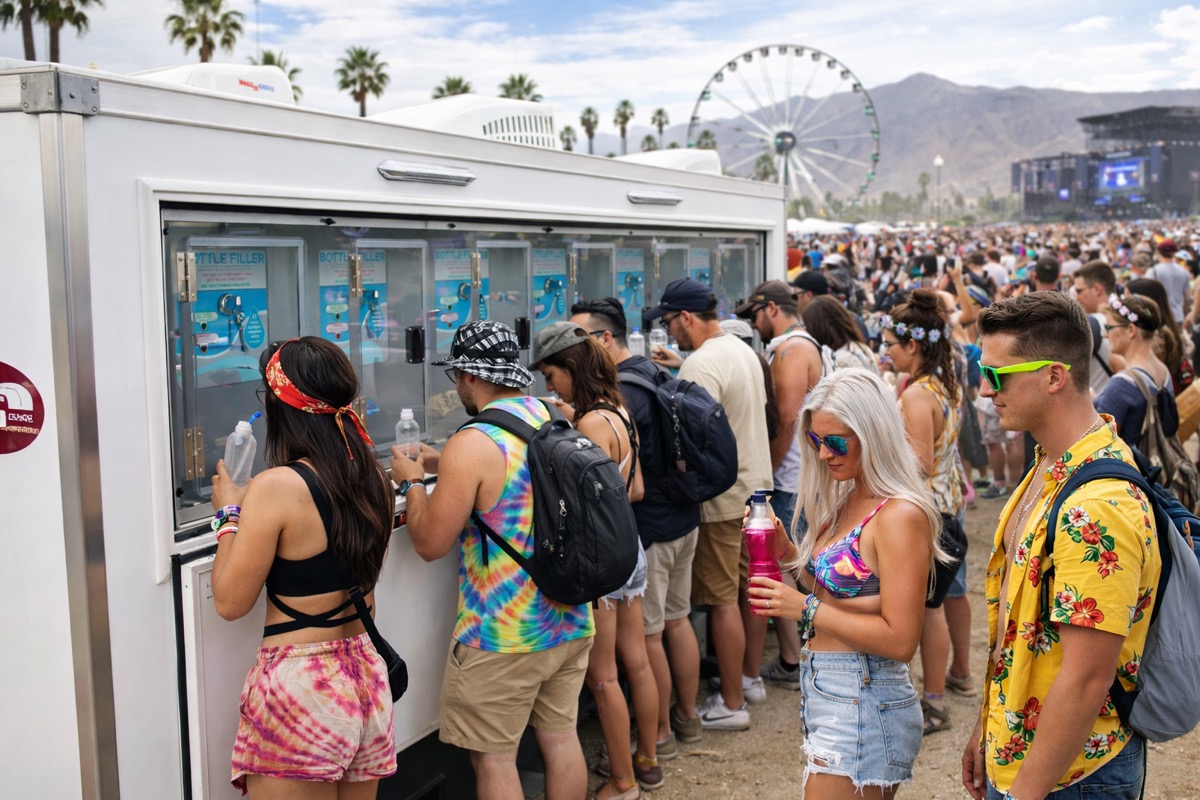 Crowd refilling at an outdoor water station during a festival at the Pomona Fairplex