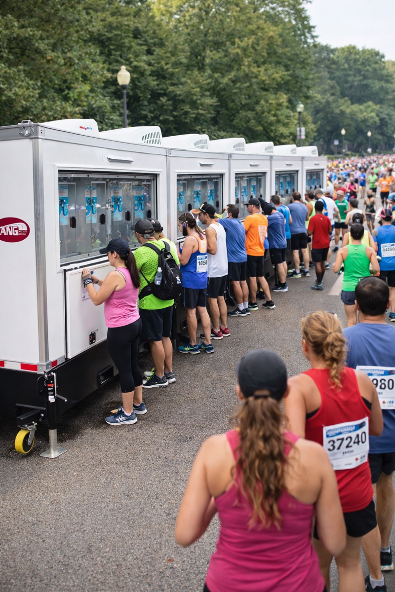 Runners lined up to refill at a long mobile water station during an outdoor race near Pomona