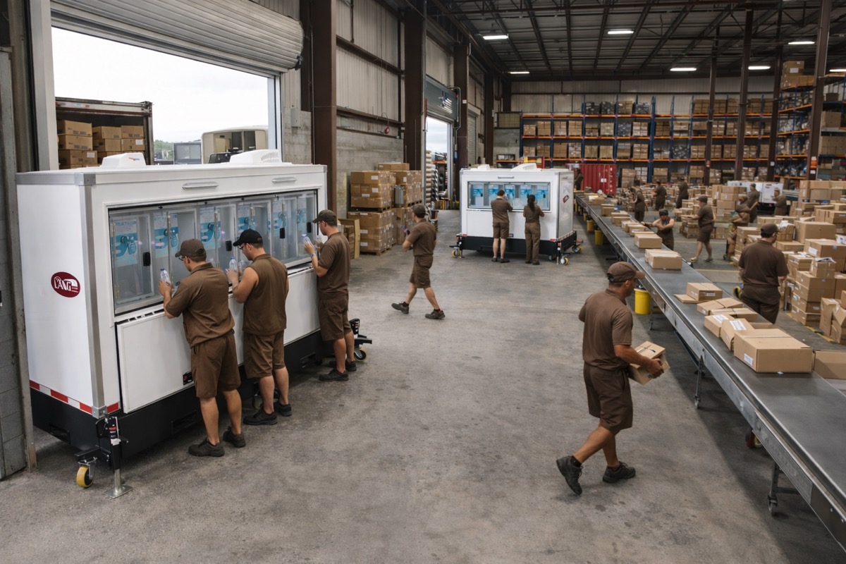 Crew refilling water bottles at a mobile station inside a Pomona warehouse and logistics facility