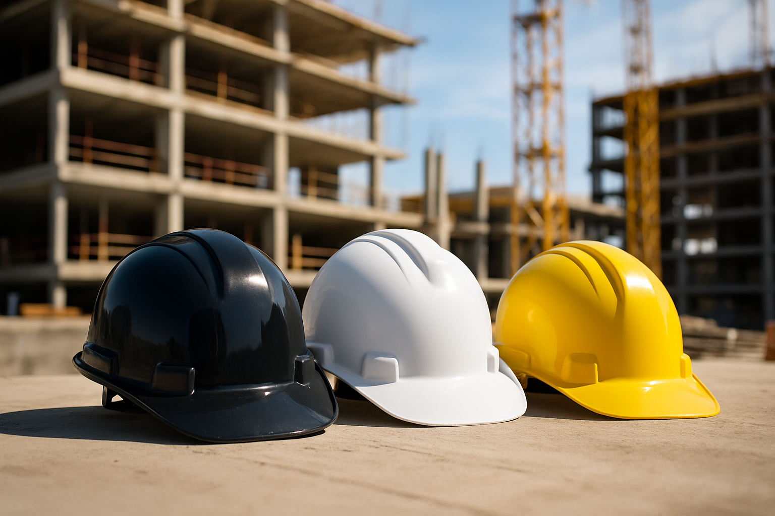 Construction hard hats at a Roseville job site near a mobile drinking water station