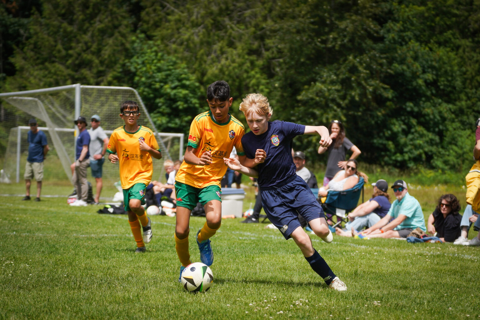 Youth soccer tournament on an outdoor Roseville field with spectators in the sun