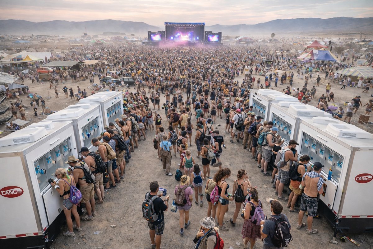 Outdoor festival crowd served by a row of mobile drinking water stations under open sky