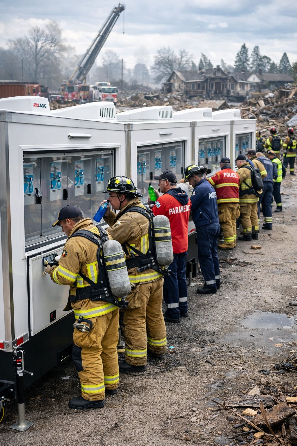 Firefighters and recovery workers drinking water at a mobile hydration station near a wildfire burn area
