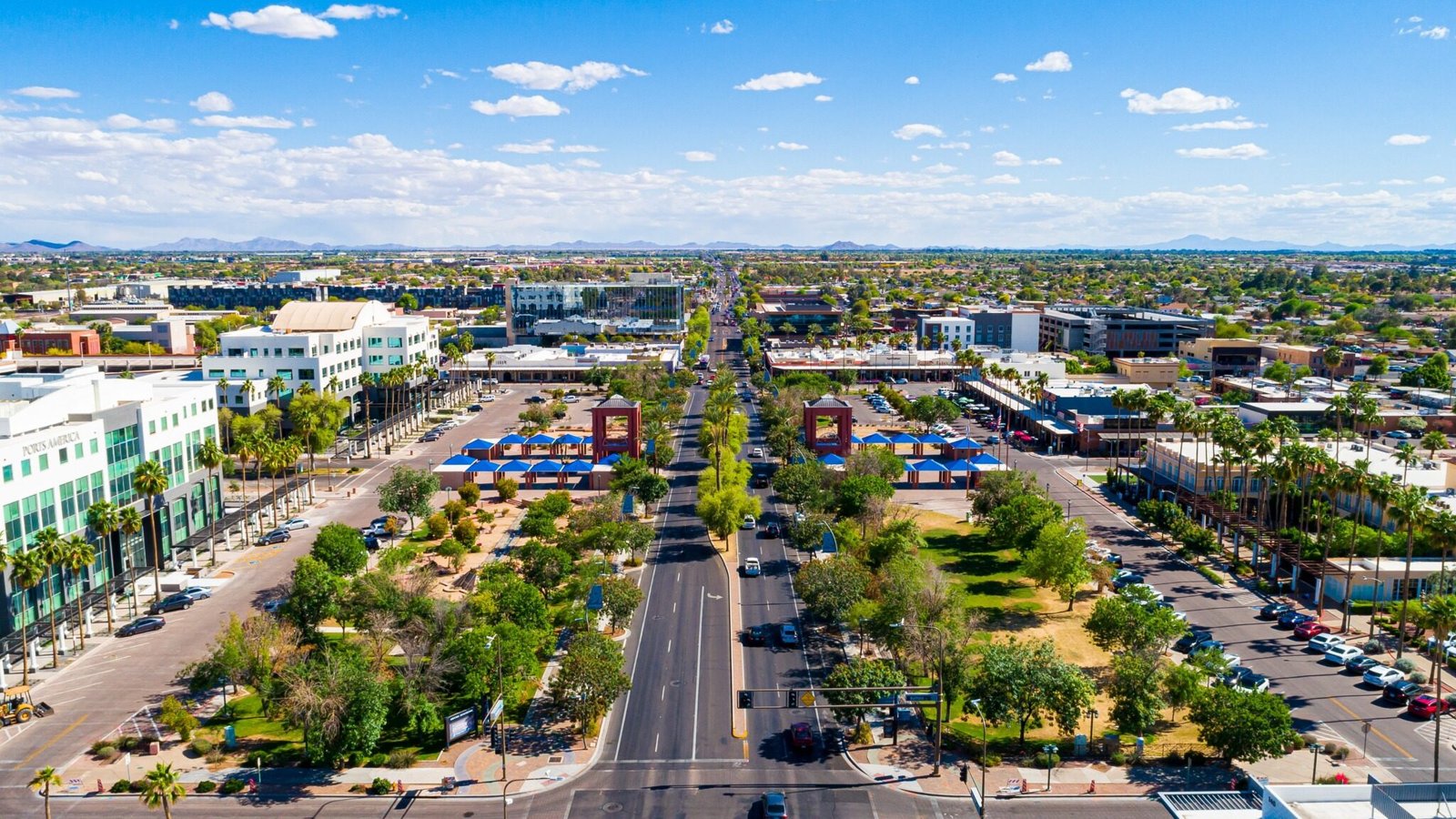Aerial view of Chandler Arizona with palm-lined streets and East Valley development