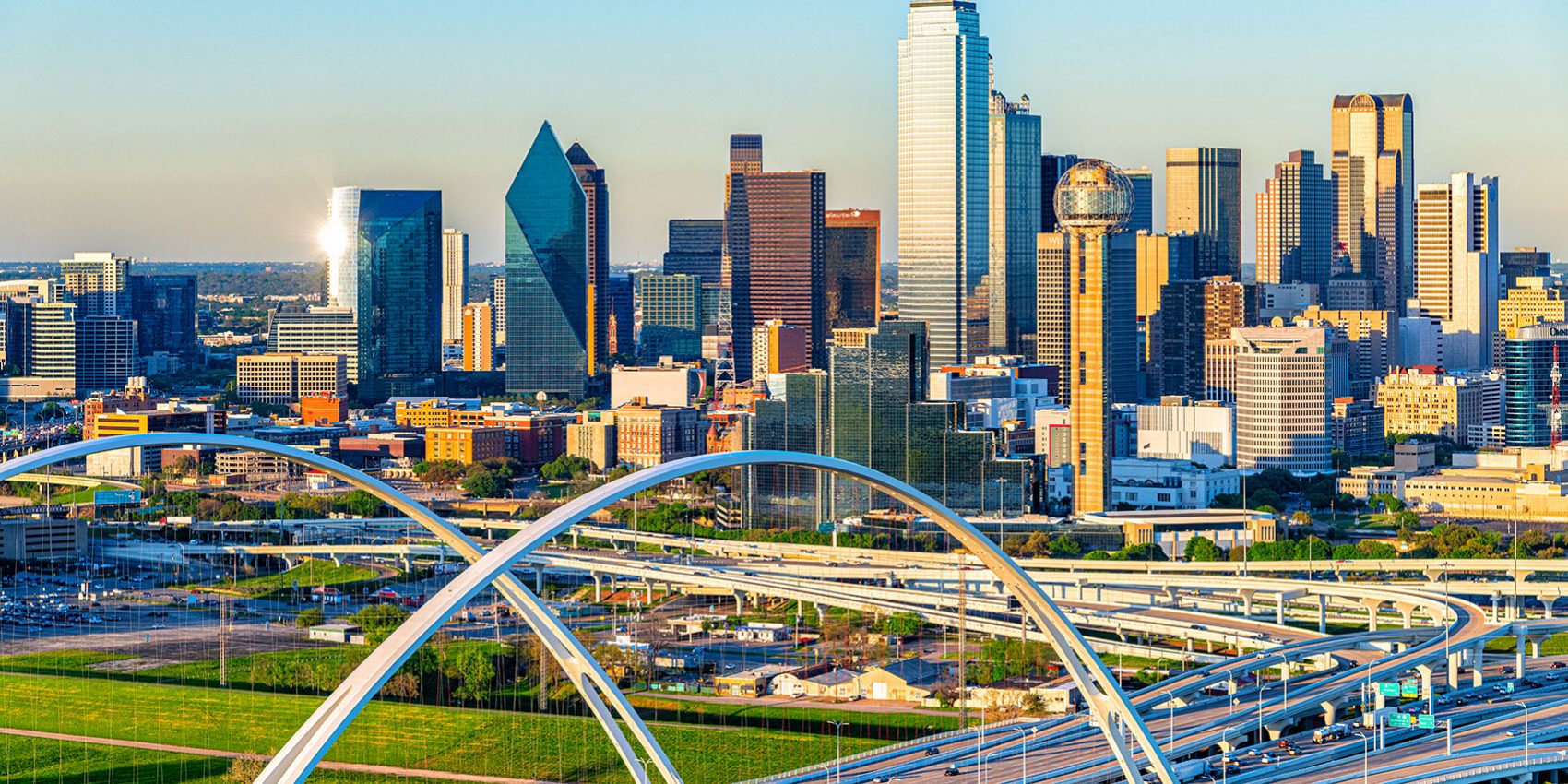 Aerial view of the Dallas Texas downtown skyline across the Metroplex