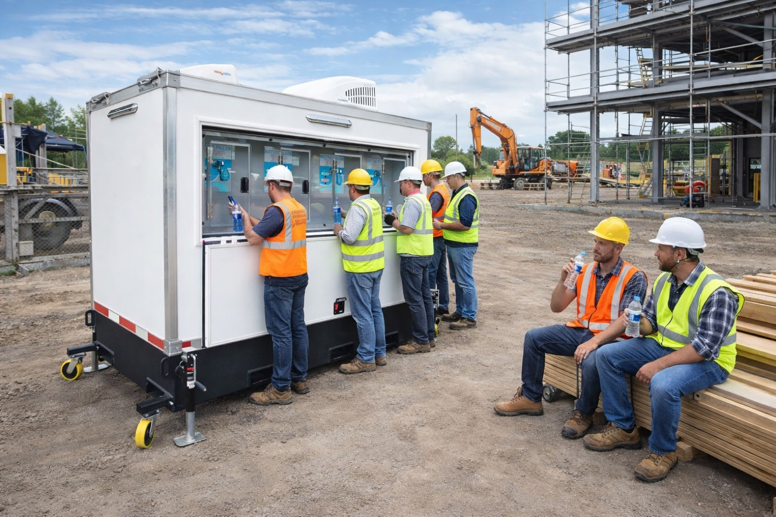 Construction worker taking a water break at a jobsite gangbox on a North Texas site