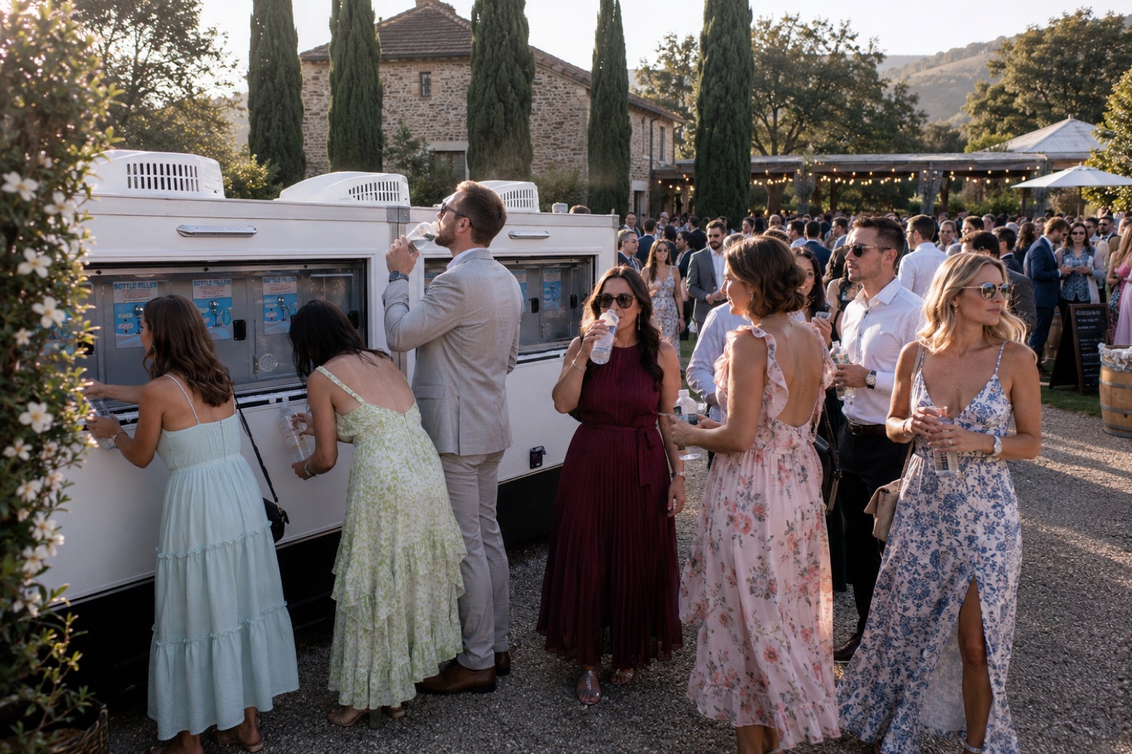 Elegant outdoor evening event reception under string lights at a Gilbert venue served by mobile hydration