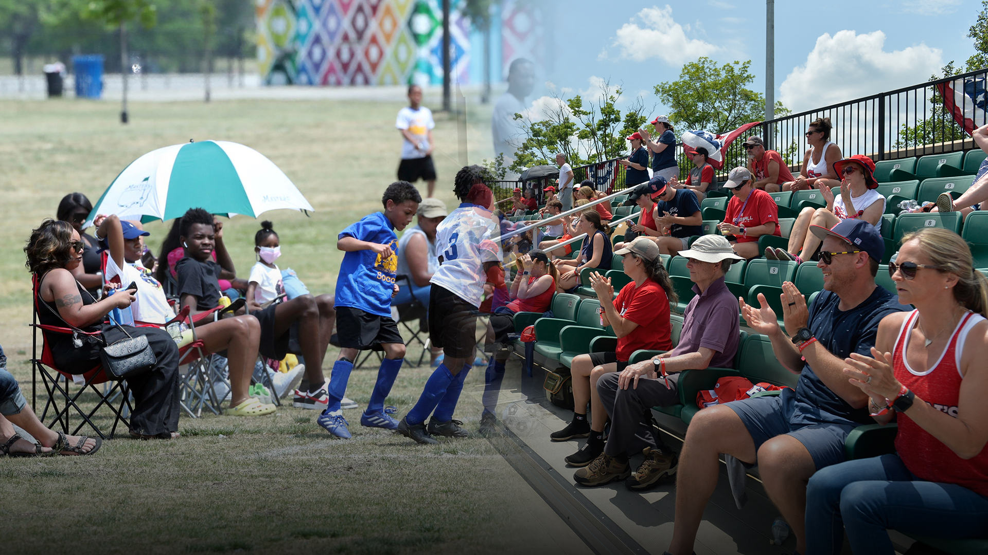 Families and youth athletes at an outdoor Gilbert sports field on a hot, sunny summer day