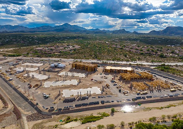 Large West Valley warehouse construction site near Glendale Arizona served by a mobile drinking water station