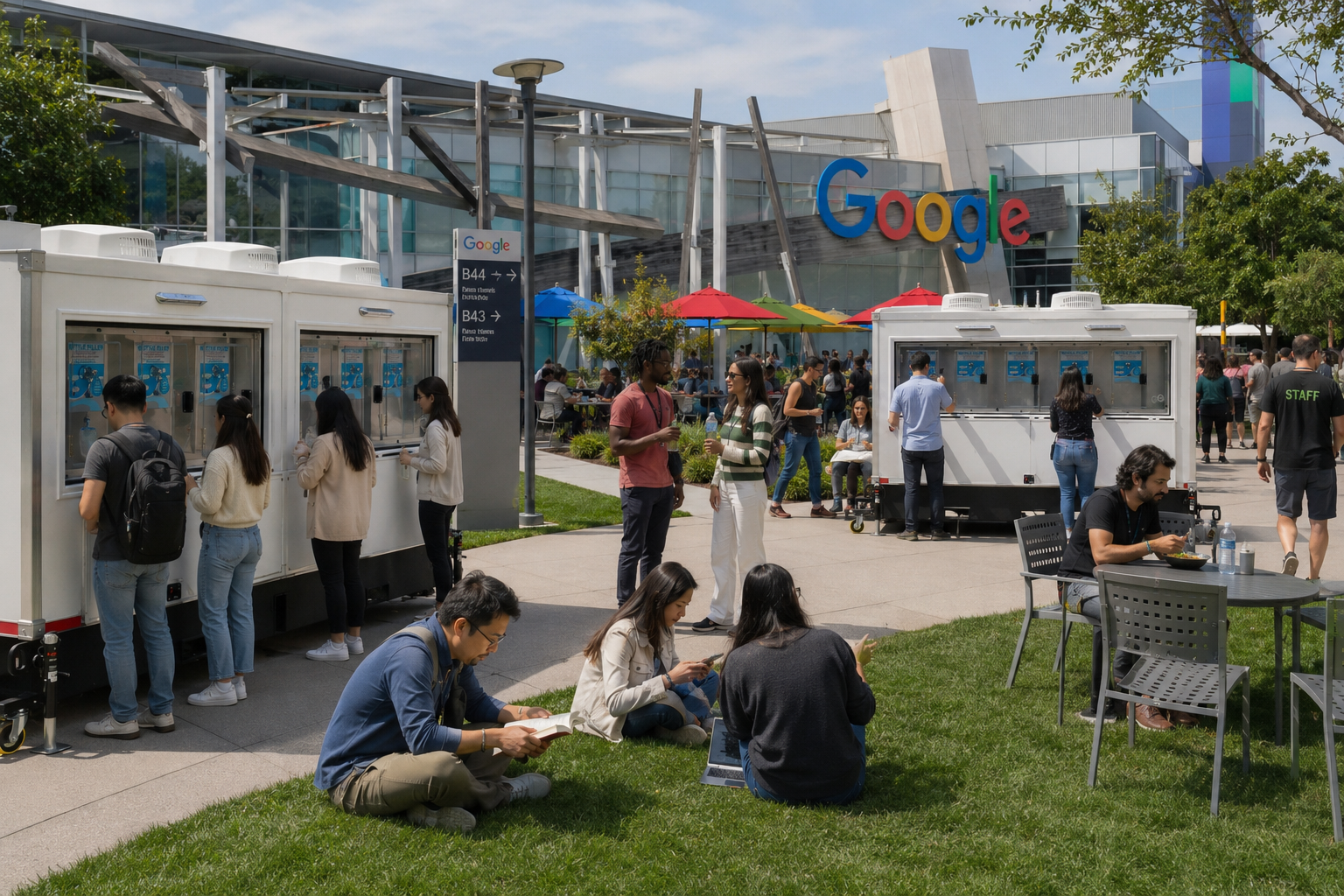 Mobile water station trailers serving a crowd at an outdoor corporate campus, comparable to Albuquerque metro events