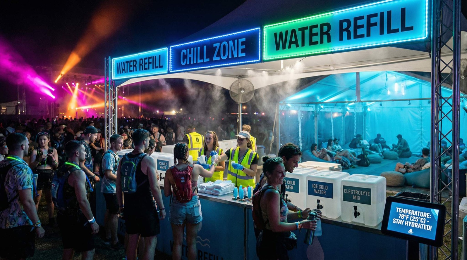 Large outdoor festival crowd in the sun being served by mobile hydration stations