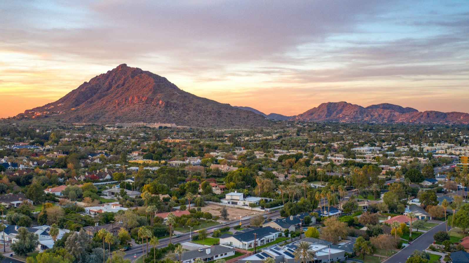 Aerial view of the Phoenix Arizona downtown skyline across the Valley of the Sun
