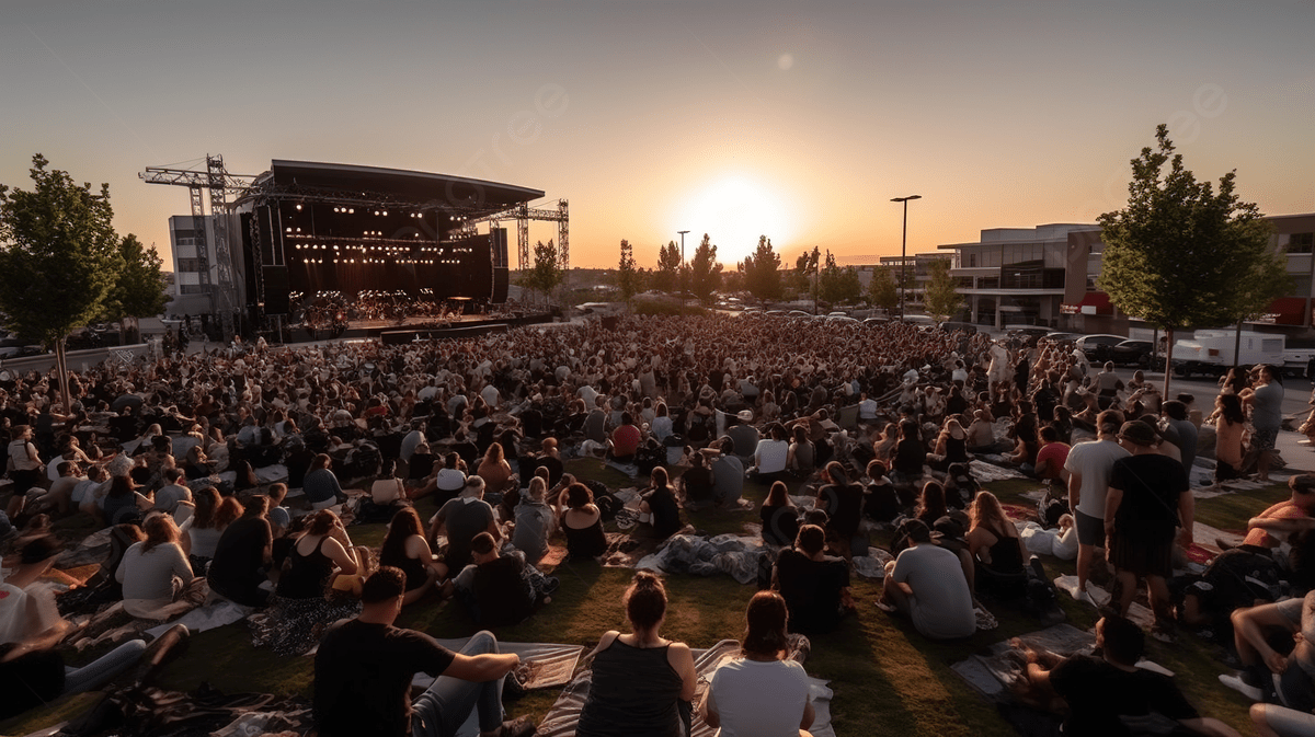 Outdoor summer festival crowd at dusk in the south Salt Lake Valley with on-site hydration stations