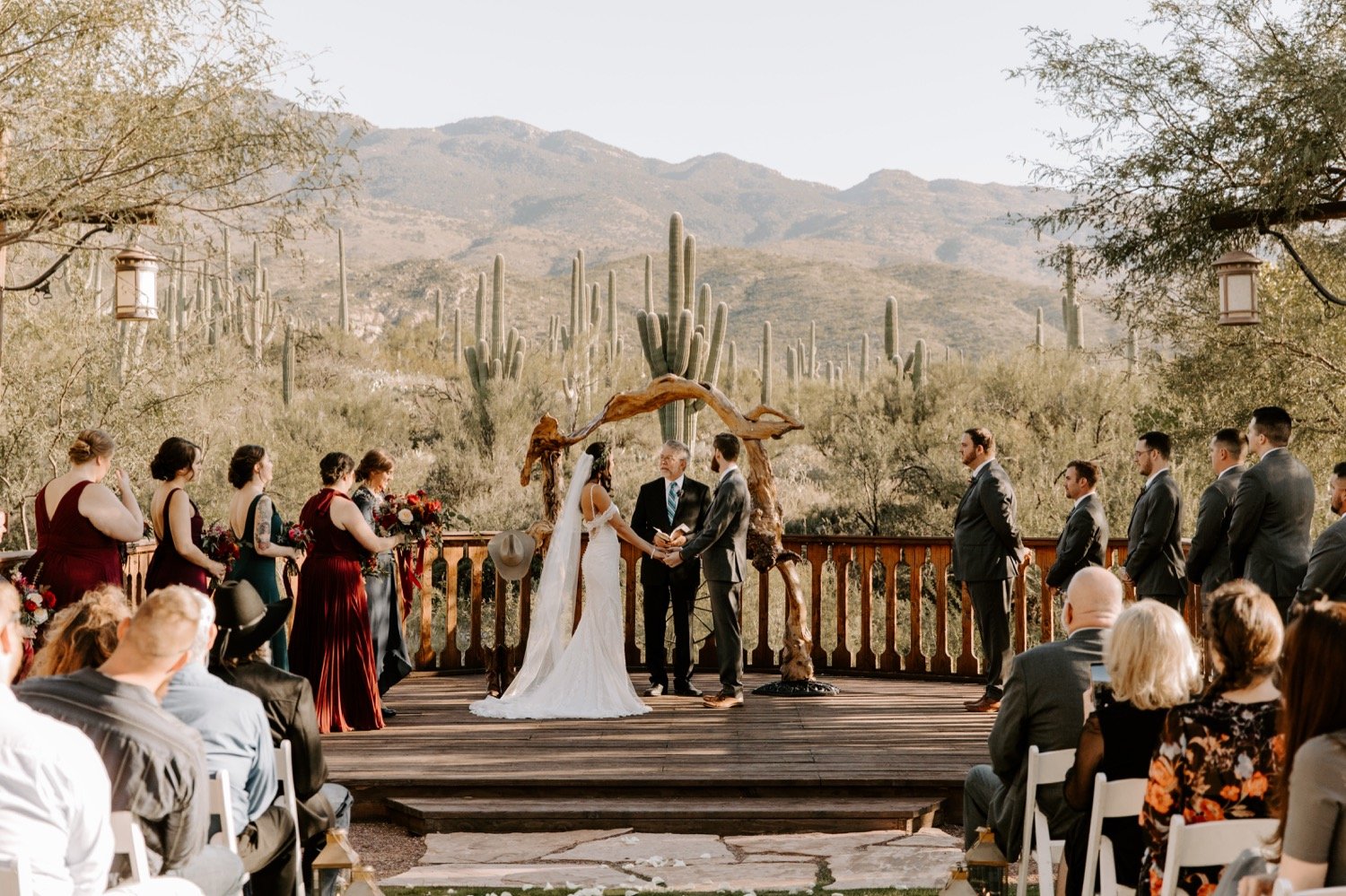 Outdoor desert resort wedding ceremony with saguaro and mountain backdrop near Scottsdale, the kind of event served by a mobile water station