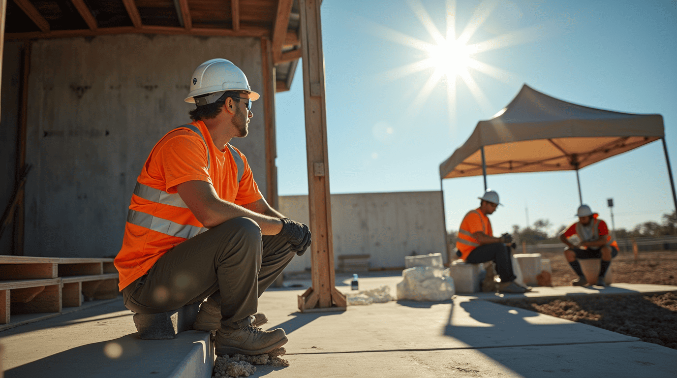Construction crew working under intense desert sun, a North Scottsdale jobsite where a mobile water station supports heat safety
