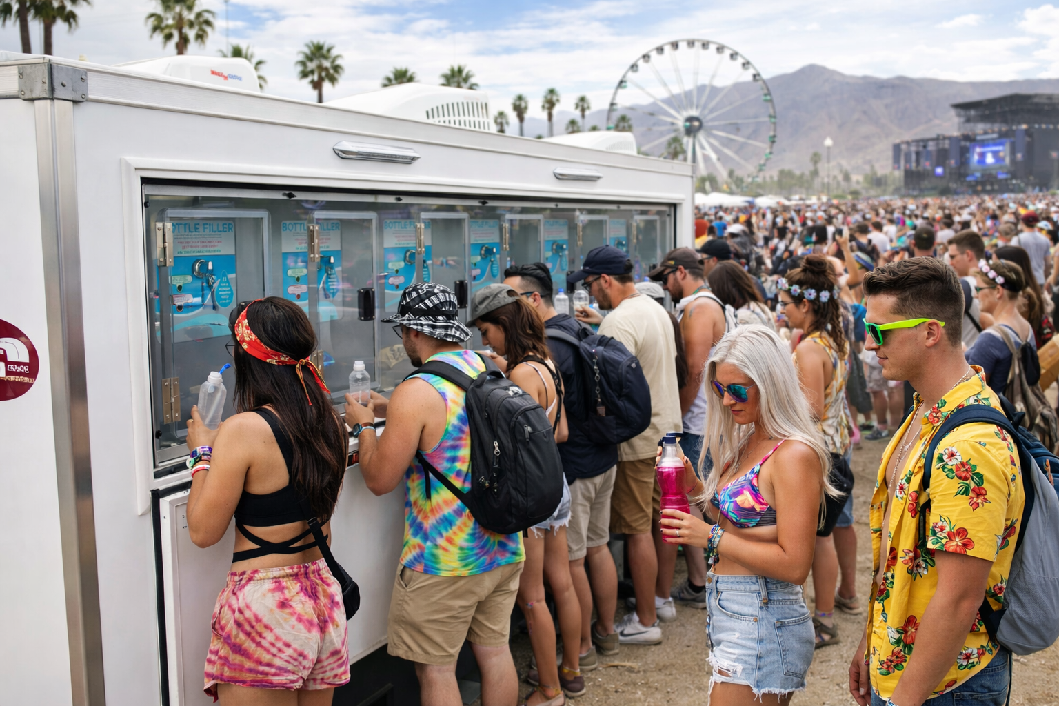 Large outdoor festival crowd in the Texas sun refilling at mobile hydration stations