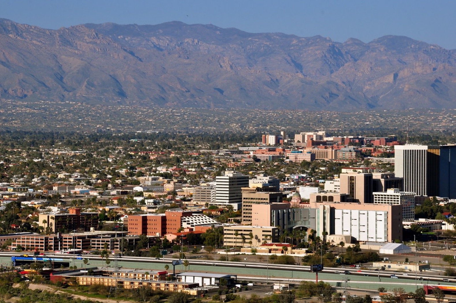 Tucson Arizona desert landscape with saguaro cactus, mountains, and city at golden hour