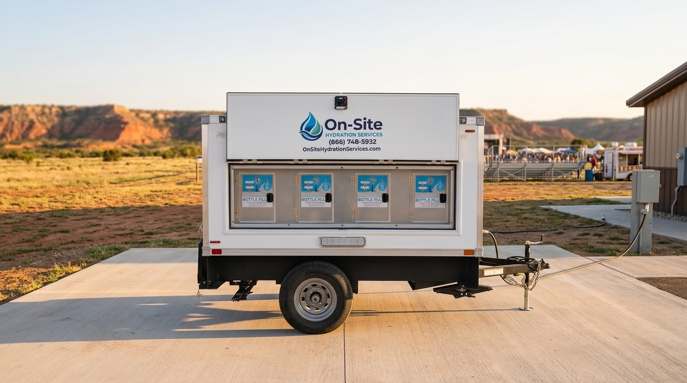 On-Site Hydration Services Signature Series mobile water station trailer with four bottle filling stations, staged for a job site or event in Amarillo
