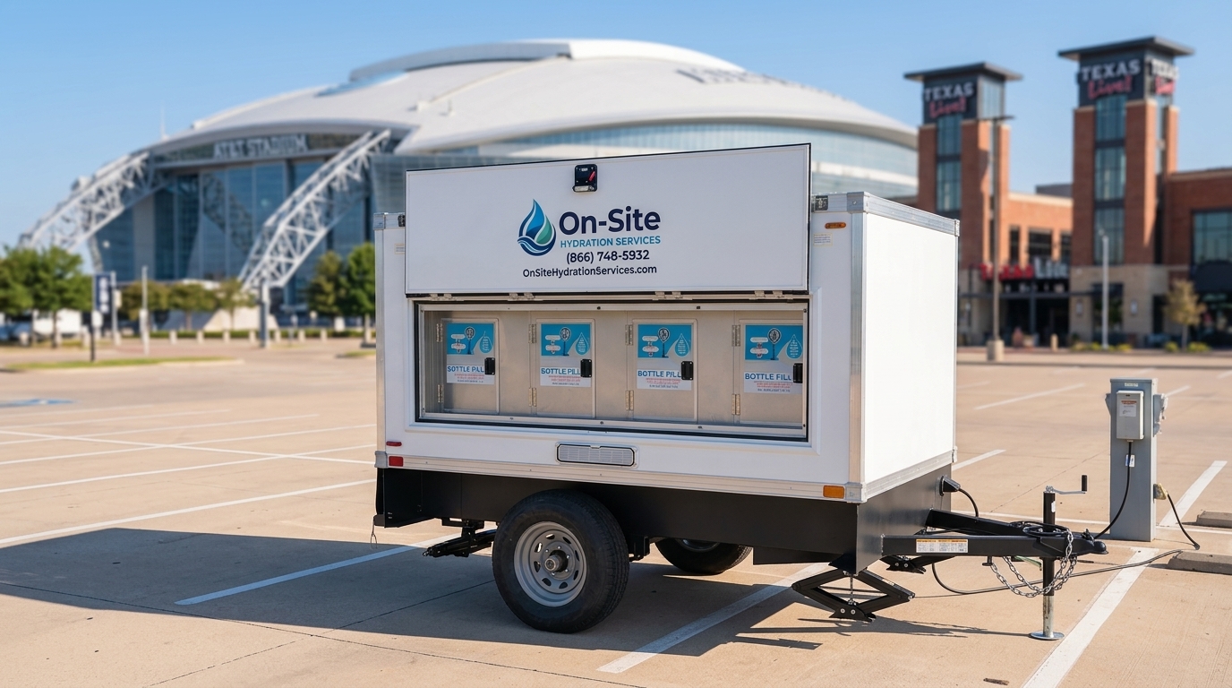 Signature Series water station trailer staged for Arlington crews, Grand Prairie on the same route