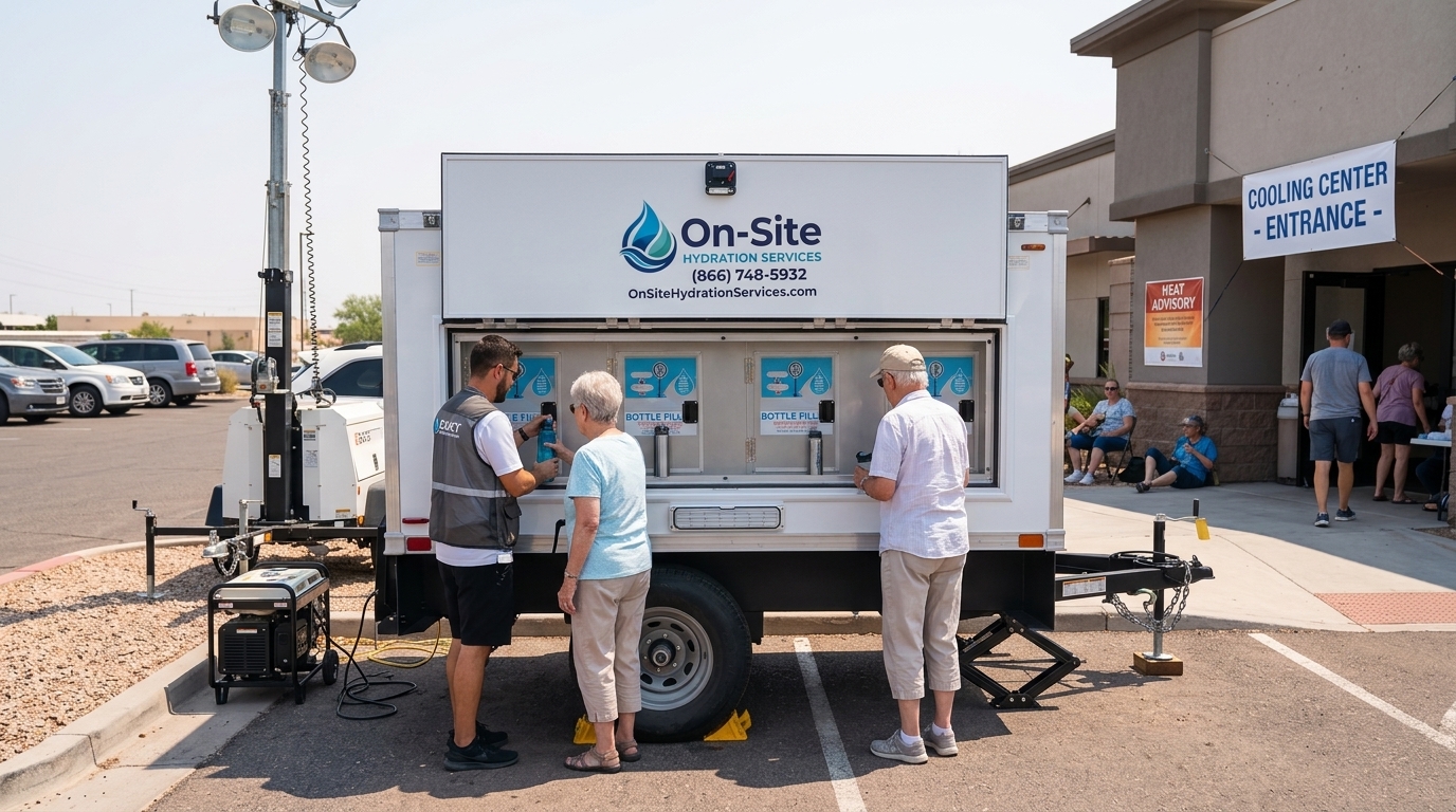 Crew members filling bottles at the push-back stations on a water trailer working Brownsville