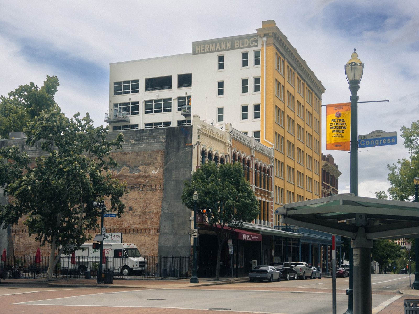Historic downtown Brownsville street with older commercial buildings