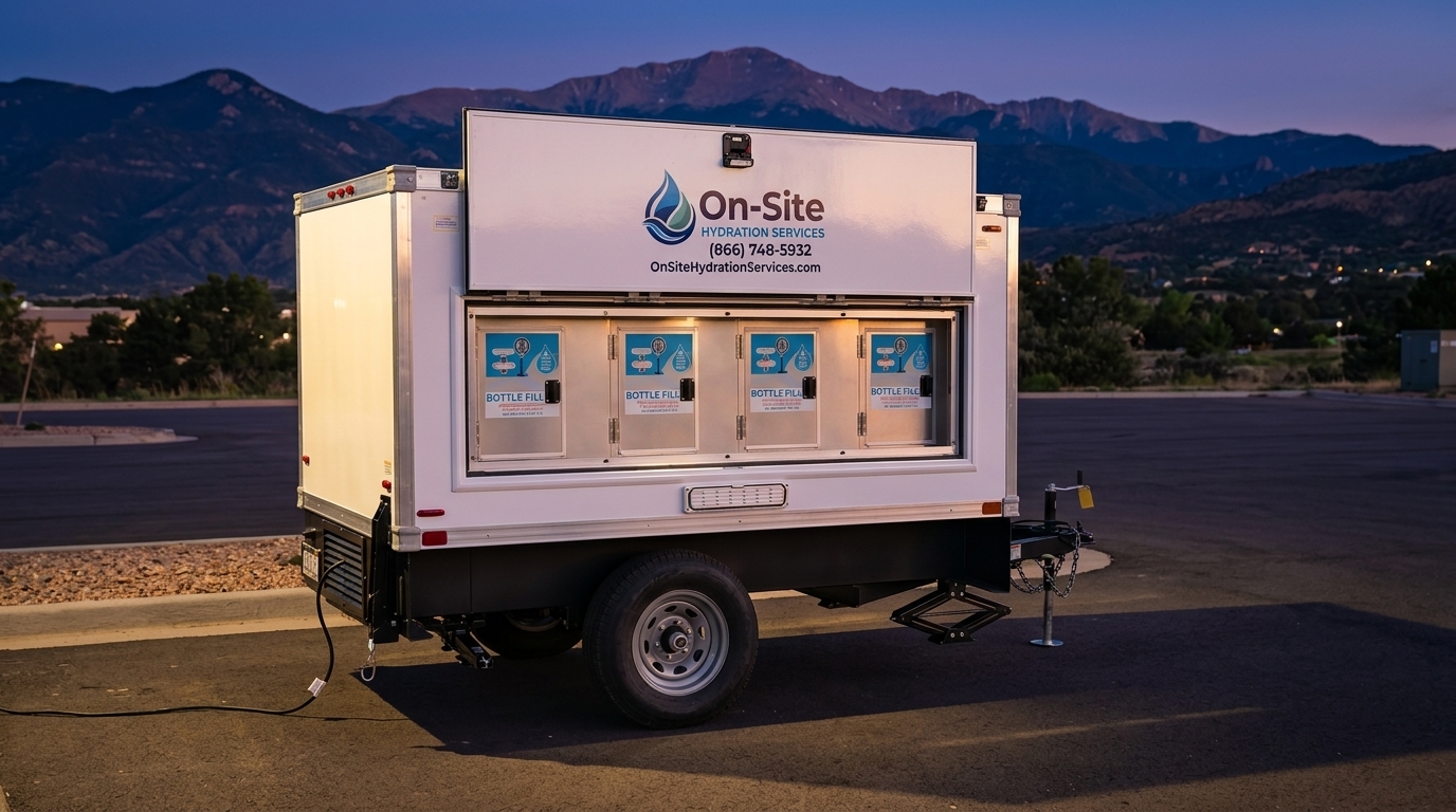 On-Site Hydration Services Signature Series mobile water station trailer with four bottle filling stations, staged for a job site or event in Colorado Springs