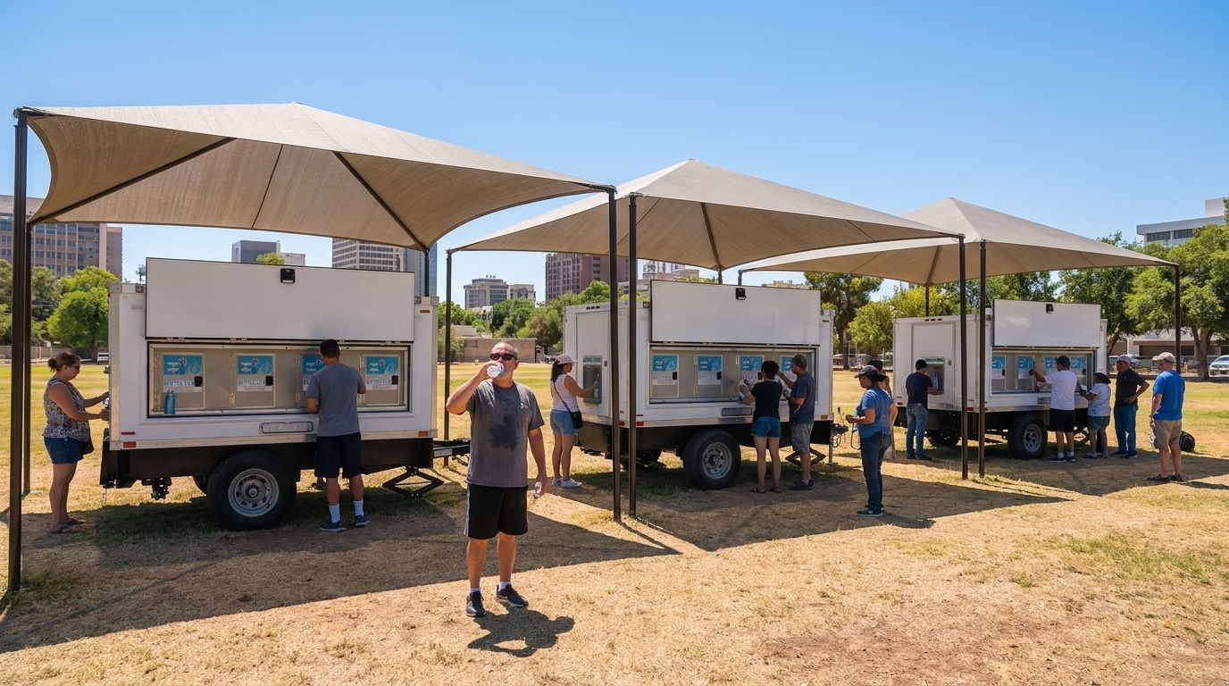 Water station trailer being set level and filled on delivery day