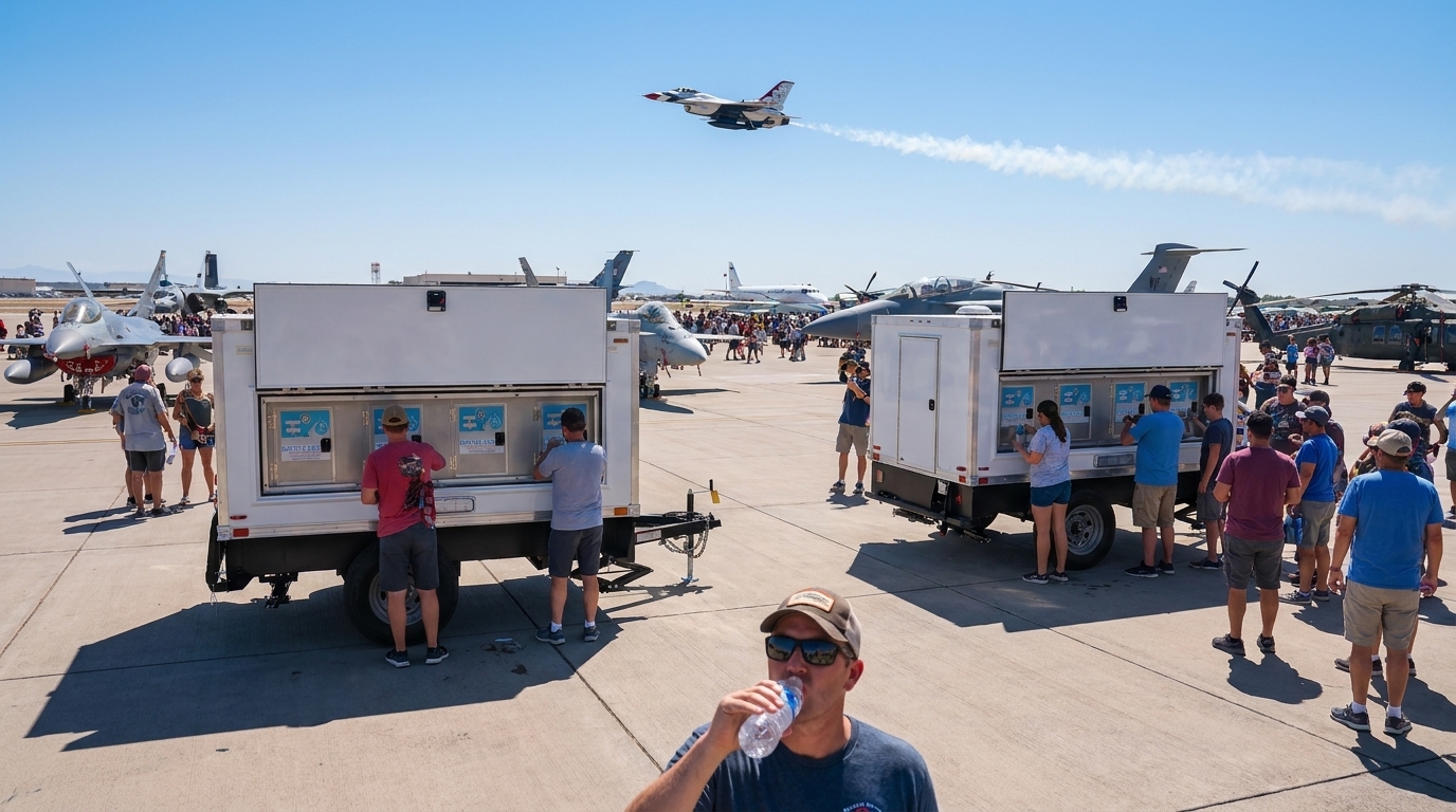 Crowd filling bottles at a mobile water station on a hot day