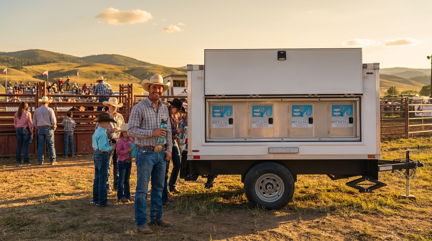 Delivery truck towing a mobile water station into place