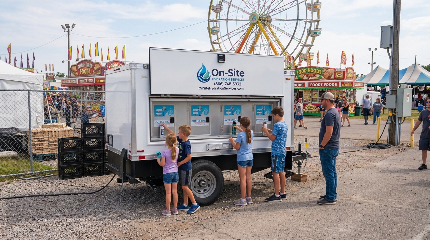 Mobile water station set up for a county fair, serving the Denton area