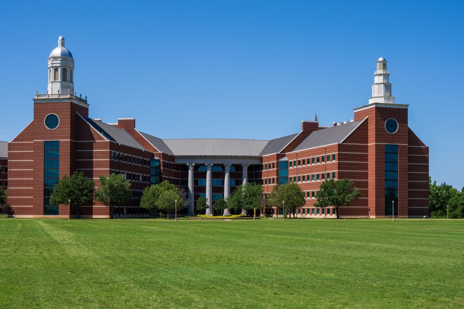 Brick university campus building typical of the Denton college area