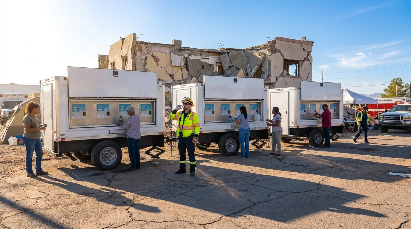 Mobile water station supporting A water station beside the break area of a drive through distribution site, staff filling bottles between vehicle loads