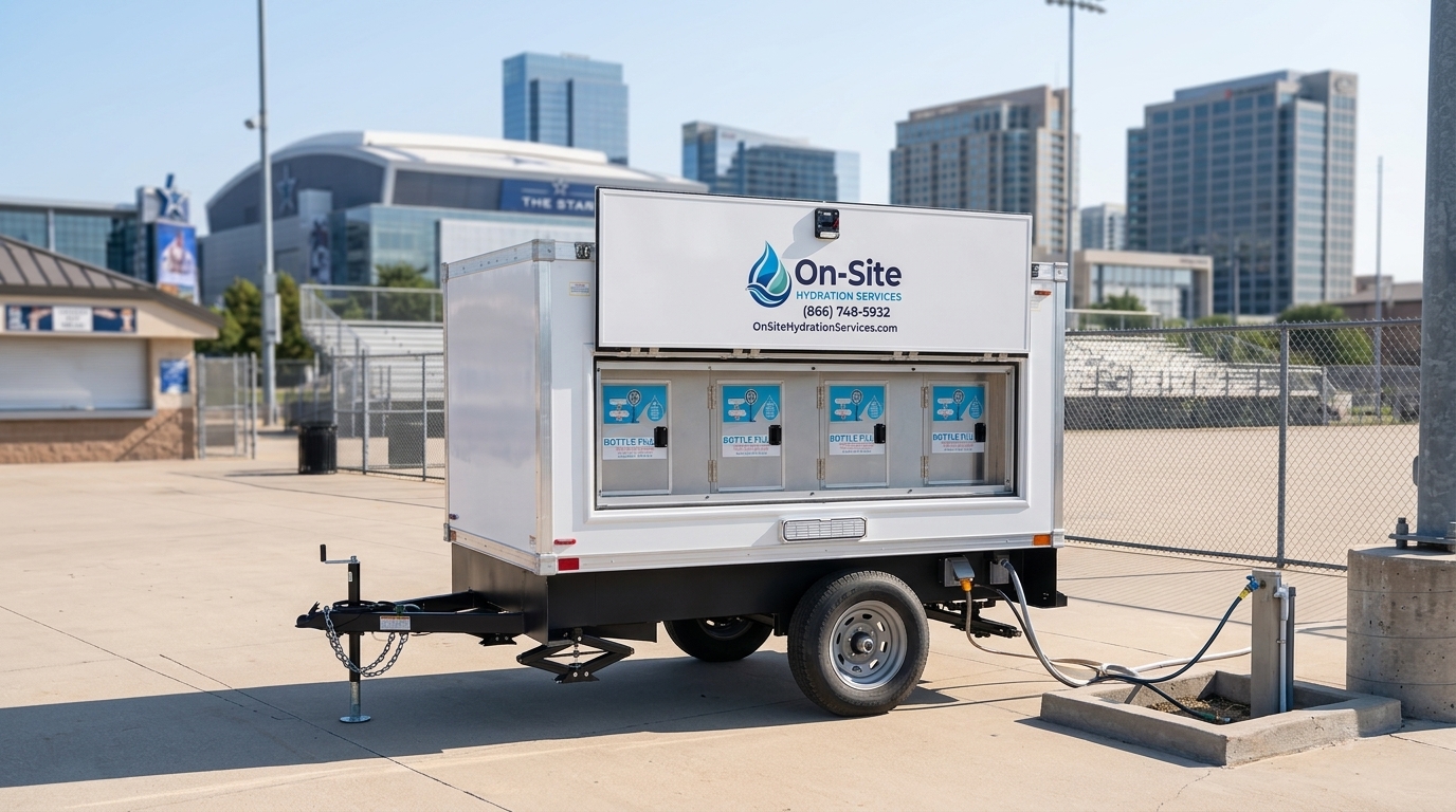 Mobile bottle-fill water trailer staged for Frisco crews and the north Dallas area events