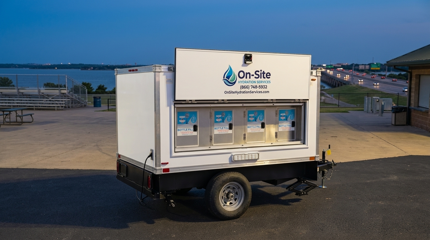 Signature Series water station trailer staged for Garland crews, Rowlett on the same route