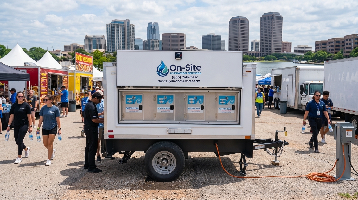 Signature Series water station trailer staged for Irving crews, Grand Prairie on the same route
