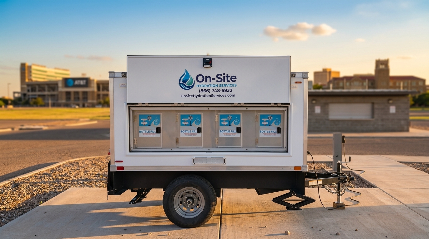 Chilled bottle-fill water trailer ready for a Lubbock or Wolfforth site